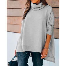 High Neck Long Sleeve Casual Top - gray