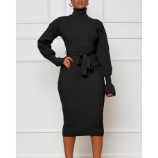 High Neck Long Sleeve Knit Bodycon Dress - black