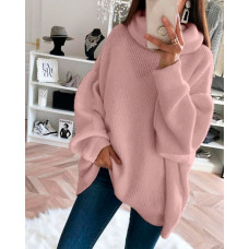 High Neck Long Sleeve Knit Sweater - pink