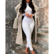 High Neck Long Sleeve Skinny Jumpsuit - white