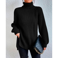 High Neck Long Sleeve Slit Sweater - black