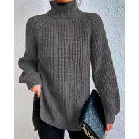 High Neck Long Sleeve Slit Sweater - Dark grey