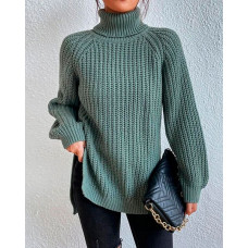 High Neck Long Sleeve Slit Sweater - light green