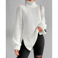 High Neck Long Sleeve Slit Sweater - white