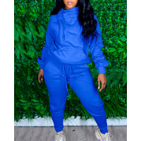 High Neck Pocket Design Sweatshirt & Drawstring Pants Set - blue