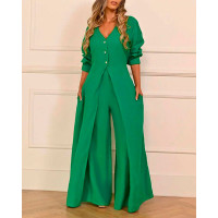 High Slit Buttoned Longline Top & Pants Set - green