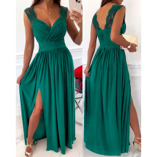 High Slit Crochet Lace Ruched Evening Dress - green