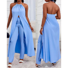 High Slit Longline Top & Pants Set - blue