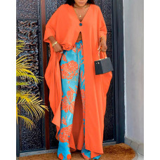 High Slit Longline Top & Plants Print Pants Set - orange