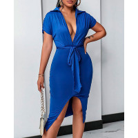 High Slit Plunge Ruched Tie Front Midi Dress - blue