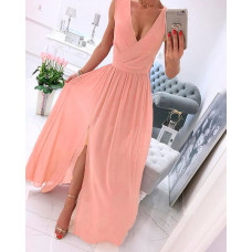 High Slit Plunge Sleeveless Evening Dresses - pink