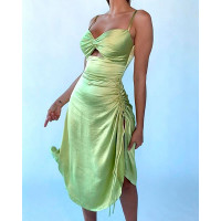 High Slit Ruched Twisted Cutout Front Satin Dress - light green