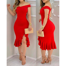 High Slit Ruffles Short Sleeve Party Dress - red