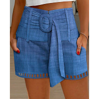 High Waist Belted Hollow Out Shorts - blue