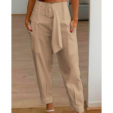 High Waist Belted Pocket Design Pants - Apricot