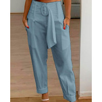 High Waist Belted Pocket Design Pants - light blue