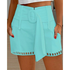 High Waist Belted Pocket Design Shorts - Lighted Blue