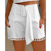 High Waist Belted Pocket Design Shorts - white