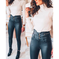 High Waist Button Front PU Leather Pants - black