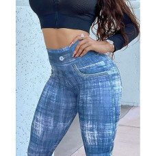 High Waist Buttoned Abstract Print Skinny Pants - blue