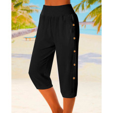 High Waist Buttoned Cuffed Pants - black