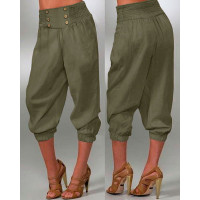 High Waist Buttoned Cuffed Pants - green