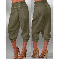 High Waist Buttoned Cuffed Pants - green