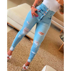 High Waist Buttoned Cutout Ripped Skinny Jeans - blue