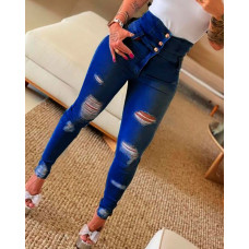 High Waist Buttoned Cutout Ripped Skinny Jeans - dark blue