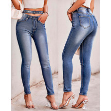 High Waist Cutout Beaded Skinny Jeans - blue