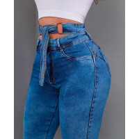 High Waist Cutout Raw Hem Skinny Jeans - blue