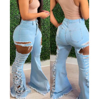 High Waist Cutout Ripped Bootcut Jeans - blue