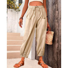 High Waist Drawstring Cuffed Pants - khaki