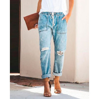 High Waist Drawstring Cutout Ripped Jeans - light blue