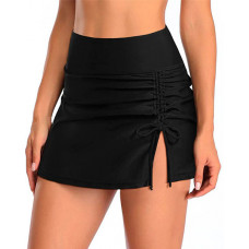 High Waist Drawstring Slit Bikini Bottom Swim Skorts - black