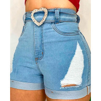 High Waist Fringe Belted Denim Shorts - Lighted Blue