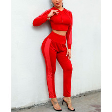 High Waist Hooded Cropped Tracksuits - red