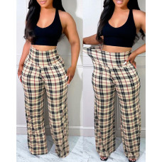 High Waist Plaid Print Wide Leg Pants - khaki