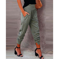 High Waist Pocket Design Casual Pants - Army green