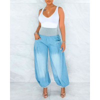 High Waist Pocket Design Colorblock Jeans - light blue