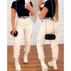 High Waist Pocket Design Cuffed Pants - Apricot