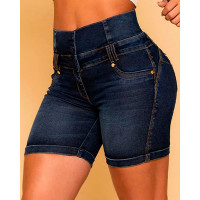 High Waist Pocket Design Denim Shorts - blue