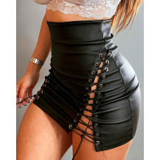 High Waist PU Leather Eyelet Lace-Up Skirt - black