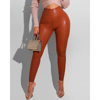 High Waist PU Leather Skinny Pants - brown