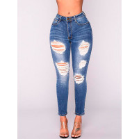 High Waist Raw Cut Skinny Denim Jeans - dark blue