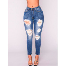 High Waist Raw Cut Skinny Denim Jeans - dark blue