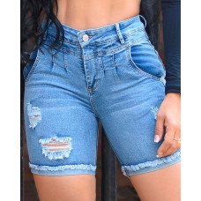 High Waist Ripped Fringe Hem Denim Shorts - blue