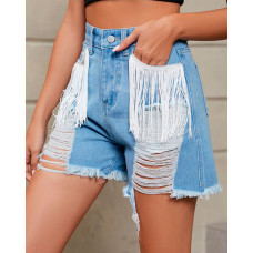 High Waist Ripped Fringe Hem Denim Shorts - Lighted Blue