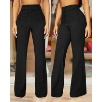 High Waist Ruched Flared Work Pants - black