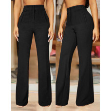 High Waist Ruched Flared Work Pants - black